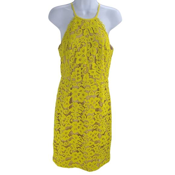 Trina Turk women's lace Neon yellow halter dress Size 4 Silk Garden Party Career - Picture 2 of 10